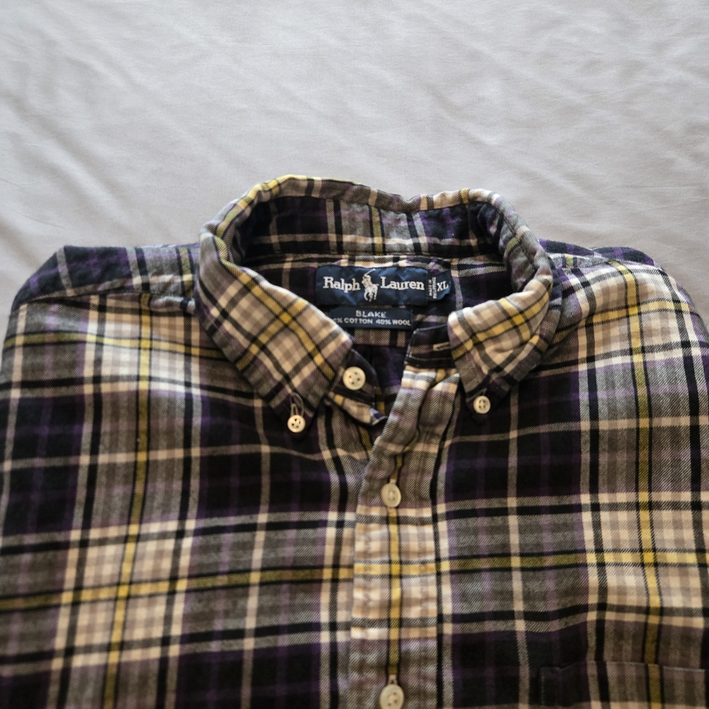 VTG Ralph Lauren Blake Fit Shirt XL Cotton Wool Blend Plaid Navy/Yellow/Purple
